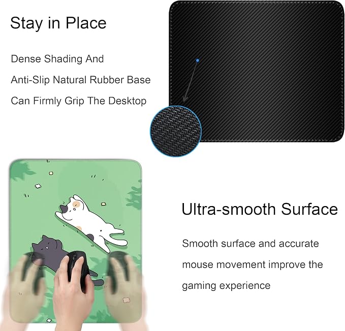 Cute Cat Square Mouse Pad,Black and White Cats Mouse Pads for Wireless Mouse Desk Accessories,10"X8"Travel Mousepad with Non-Slip Rubber Base, Stitched Edge Mouse Pads for Desk,Computers,Laptop,Office