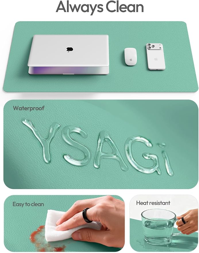 YSAGi Leather Desk Protector, Office Mat, Large Mouse Mat, Non-Slip PU Leather Blotter, Laptop Desk Pad, Waterproof Writing Pad for Office and Home (Green-Blue, 23.6" x 13.8")