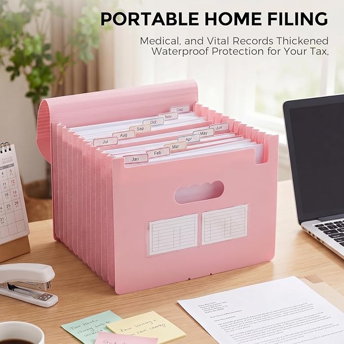 SKYDUE Accordion File Organizer, Expanding File Folder with 13 Pockets, Portable Document Paper Bill Receipt Organizer, Home School Pink Office Supplies, Letter A4 Size