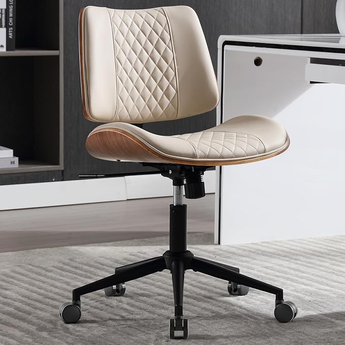 Home Office Chair No Arms with Wheels, Adjustable Height Small Desk Chair, PU Leather Mid Back 360 Swivel Computer Chair, Armless Modern Walnut Chair for Office, Reading Meeting Room(Beige) | Adjustable Height Small Desk Chair, PU Leather Mid Back 360 ...
