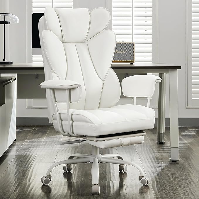 LukkDys Big and Tall Office Chair,High Back Leather Gaming Chair with Footrest,Lumbar Support,Outward Fixed Soft Armrests,Wide Ergonomic Desk Chair (White)