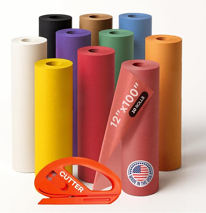 Assorted Colors Kraft Paper with Cutter, Set of 10 Rolls 12"x1200" (100 ft) | USA-Made Natural Multi-Color Kraft Paper for Kids' Crafts, School & DIY Projects, Gift Wrapping by IDL Packaging