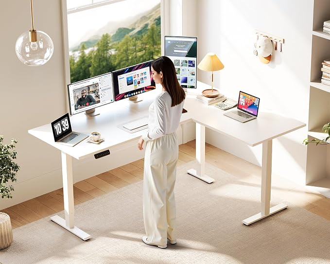 Casaottima 63 Inch L Shaped Electric Standing Desk, Home Office, White | Reversible Corner Desk with Height Adjustment, Ergonomic Sit Stand Table for Home Office, Computer Workstation