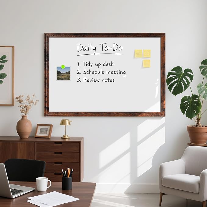 Large Dry Erase White Board for Wall, 48"x36", Brown White Wooden Frame | Magnetic, Decorative Whiteboard, Wall Mounted, for Home, Office, Kitchen, Dorm, 4 Markers, 6 Magnets, A Eraser
