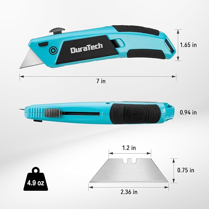 DURATECH Auto-Loading Utility Knife, Heavy Duty Retractable Box Cutter with 6 Preloaded SK5 Blades, Quick-Change Razor Knife with Comfortable Handle for Cardboard, Carpet, Rope, DIY