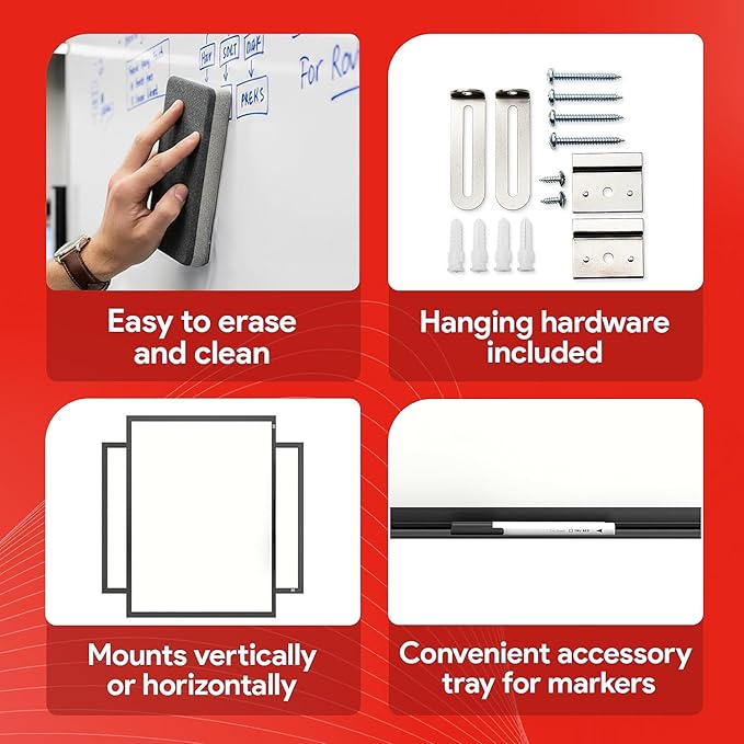 TRU RED Steel Magnetic Whiteboard | Dry Erase Board for Wall, White Board with Black Aluminum Frame, 3 ft x 2 ft