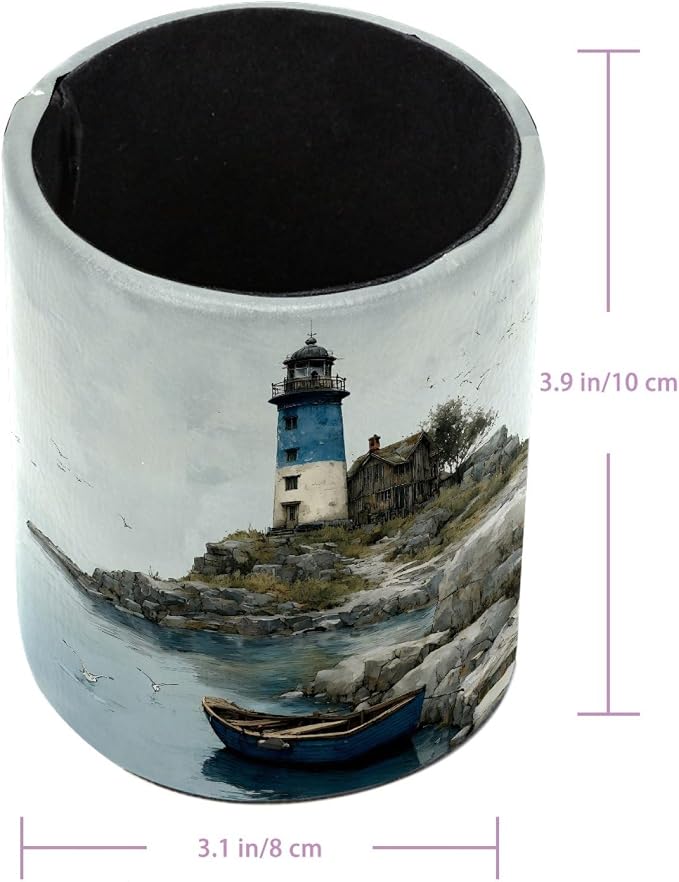Leather Pen Holder for Desk, Coastal Lighthouse Pencil Cup Pen Organizer Makeup Brush Holder for Office Home Kids Countertop Desk Accessory Storage