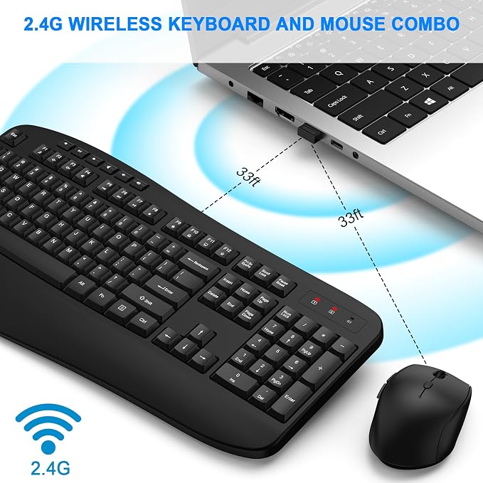 Wireless Keyboard and Mouse Combo, EDJO 2.4G Full-Sized Ergonomic Computer Keyboard with Wrist Rest and 3 Level DPI Adjustable Wireless Mouse for Windows, Mac OS Desktop/Laptop/PC,Classic Black