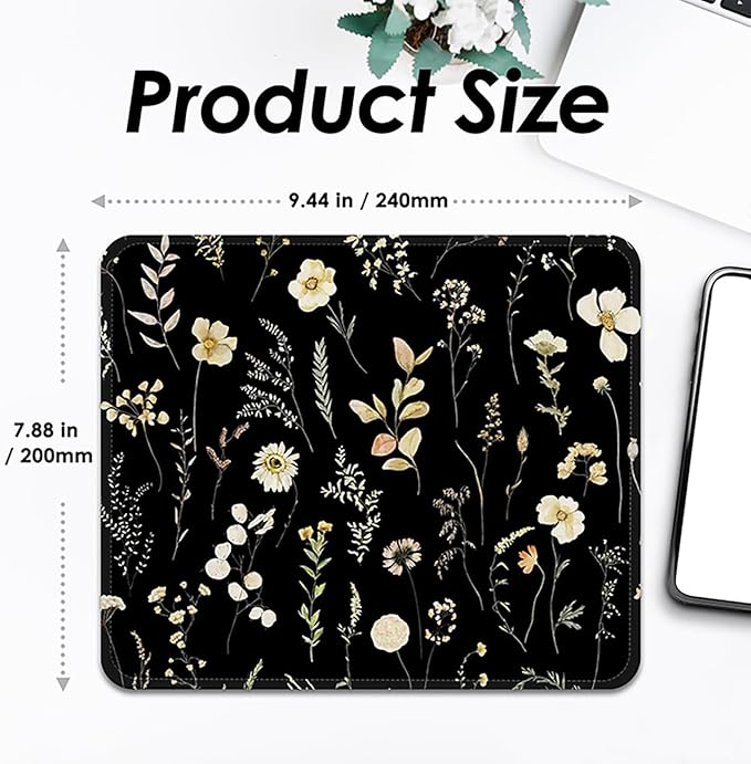 Mouse Pad with Stitched Edges - Dark Floral Mousepad for Women, 9.25 x 7.75 inch Washable Square Desk Pad, Non-Slip Rubber Base, Office Home Laptop Accessories - Midnight Botanical