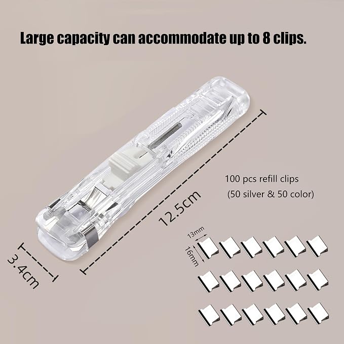2 Pcs Portable Binder Clip Stapler, Handheld Paper Clam Clip Dispenser | Push Clips for Paper with 100 Refill Clips, Mini Handheld Push Stapler Clamps for Fixing Documents, School, Office