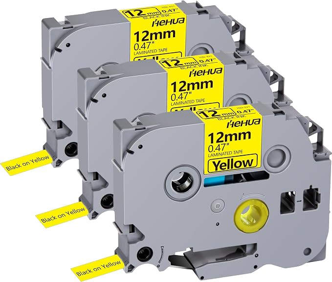Hehua TZ631 3PK Compatible for Brother 12mm Label Tape Black on Yellow | 1/2 inch;1/2';0.47';0.47 inch;TZe 631;Black on Yellow；12mm Label