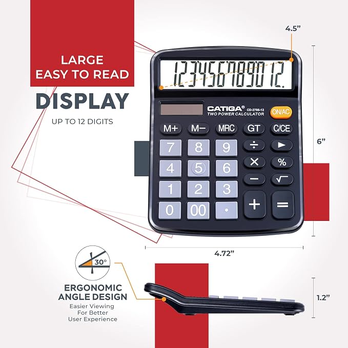 CATIGA Desktop Calculator, 12 Digit Large LCD Display, Dual Power, Sensitive Big Button, Standard Function Calculators for Office, School and Business, CD-2786 2 Pack, Black & Silver