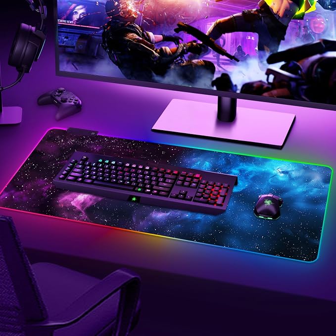 RGB Mouse Pad Led,XXL Large Mouse Pad Purple Blue Starry Nebula, Big Mouse mat Computer Mousepad with 14 Light Modes, 35.4 x15.7 Inch Keyboard Mat