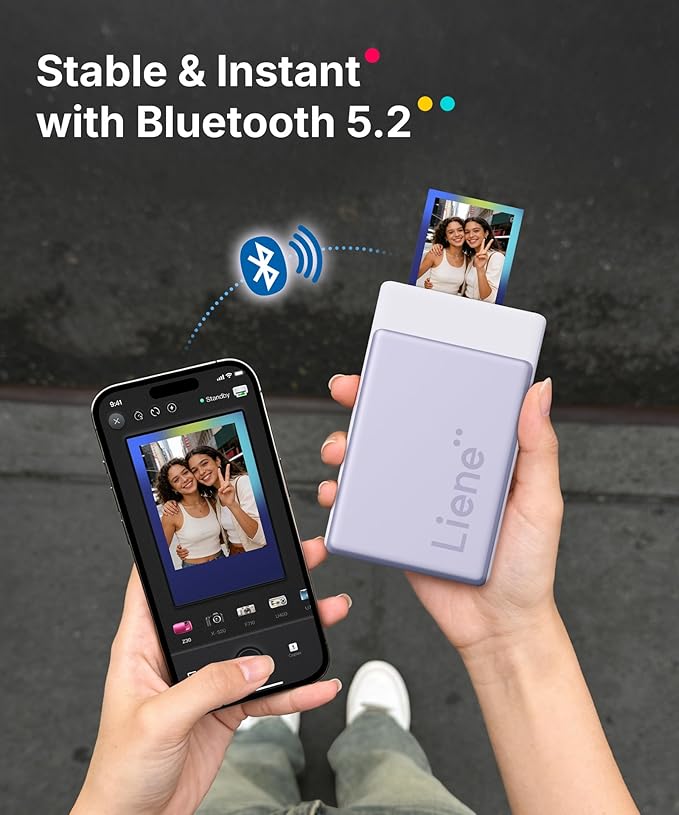 Liene Pearl N200 Pro Portable AI Photo Printer, Instant Mini Picture Printer for iPhone Smartphone, Thermal Dye Sublimation Bluetooth Sticker Maker 50 Sheets 2x3 Adhesive Paper & 5 Cartridges, Purple