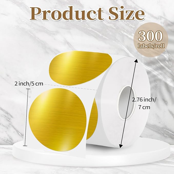2 Inch Holographic Thermal Labels,Gold Round Thermal Printer Labels,Printable Round Thermal Printer Labels Self-Adhesive Direct Thermal Label(300 Labels/Roll Gold)