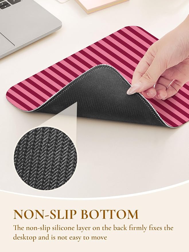 Square Cute Striped Mouse Pad with Stitched Edge, Premium Waterproof Cloth Aesthetic Small Stripe Mouse Mat, Non-Slip Rubber Base Funny Mousepad Desk Accessories,Striped Wine Red