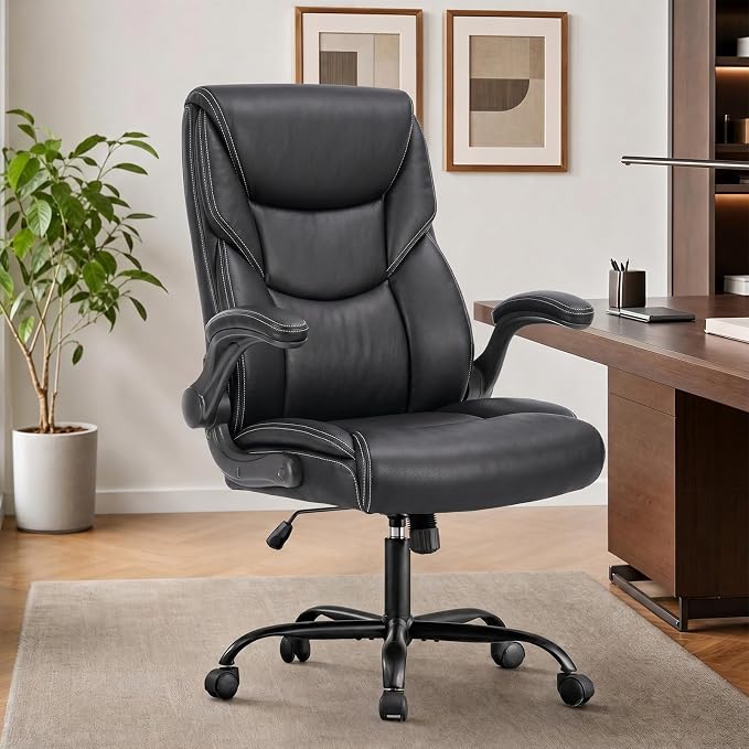 Sweetcrispy Computer Desk Chair, Lumbar Support Video Game Chair PU Leather | High Back Heavy Duty Task Desk, Flip-up Arms, Rolling Wheels, PU Leather, Inky