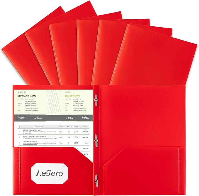 Folders with Pockets and Prong with Fasteners (6 Pack, Red) | Durable Plastic Pocket Folders with Prongs,Tear Resistant,2 Pocket 3 Prong Folders for Schoolwork & Office,Letter Size