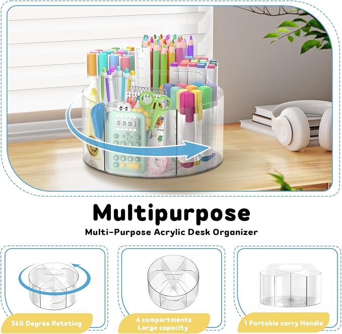 Acrylic Rotating Pencil Holder, 360° Clear Pen & Marker Organizer | Crayon Art Supply Organizer with 6 Compartments and Carry Handle for Desk, Home, Office, Classroom