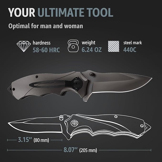 Pocket Knife for Men - Best Folding Knives with Glass Breaker and Pocket Clip - Tool for Tactical Camping Hunting Fishing EDC Survival Knife - Multifunction Bike Tools - Gifts for Men - Gray 6495