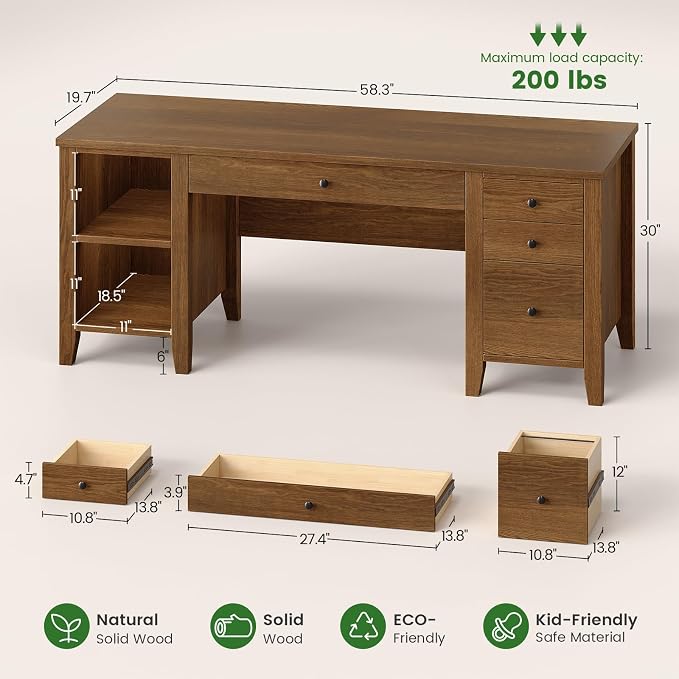 SEDETA Solid Pine Wood Computer Desk, 58'' Executive Home Office Desk with 4 Wood Drawers and Storage Shelves for Work Study Writing, Brown