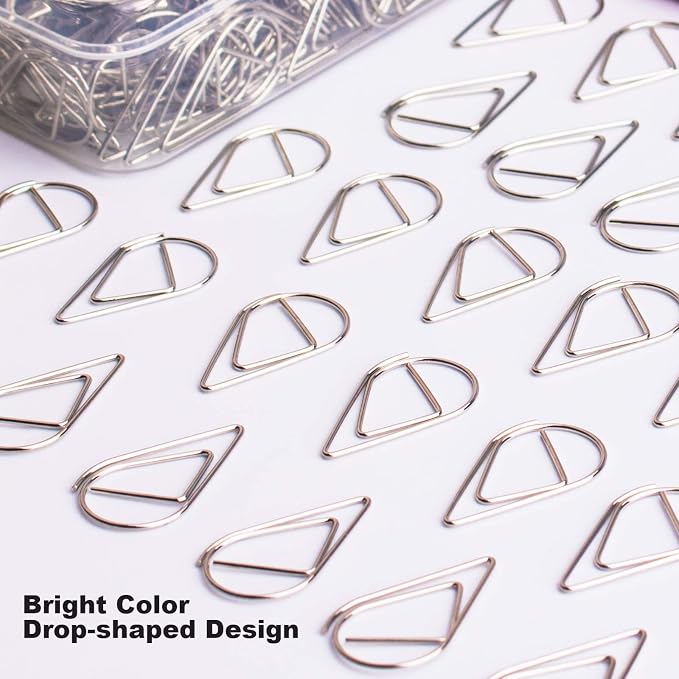 Silver Cute Paper Clips Teardrop Paperclips 300 Pcs | Drop-Shaped, Stainless Steel, For Office Supplies School Document Organizing, DIY & Daily Home Use