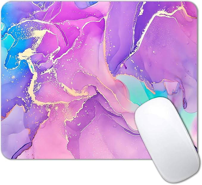 Purple Pink Blue Marble Mouse Pad, Liquid Gold Paint Marble Mouse Pads, Modern Mousepad Design, Colorful Small Mouse Mat for Women Girls Computer Laptop Office, 9.5 X 7.9 Inch
