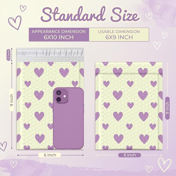 Fuxury Bubble Mailers 6x10" Padded Envelopes 100 Pack Usable Size 6x9"Bubble Envelopes Self Seal Small Padded Mailers for Small Business Shipping Bag, Gifts, Jewelry, Makeup,Purple Heart In Beige #0