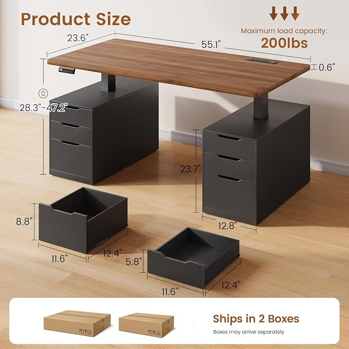 SEDETA Electric Standing Desk with 6 Drawers, 55" Adjustable Stand up Desk with Storage, Computer Desks with Power Outlets for Home Office, Black