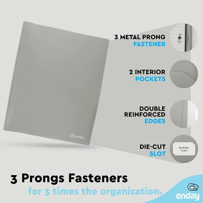 Plastic Folders with Pockets and Prongs Grey - Two Pocket Folder with Brads - 3 Prong Folders with Pockets for Letter Size Sheets, Also Available in Blue, Green, Red, Pink, and Purple, 1 Pc –by Enday
