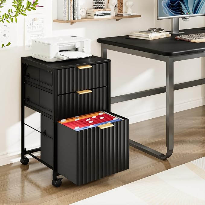 VINGLI 3 Drawer Fluted File Cabinet, Rolling File Cabinet Mobile Under Desk File Cabinet with Wheels, Fabric Drawers Printer Stand for Home Office, Fits Letter Size, Black