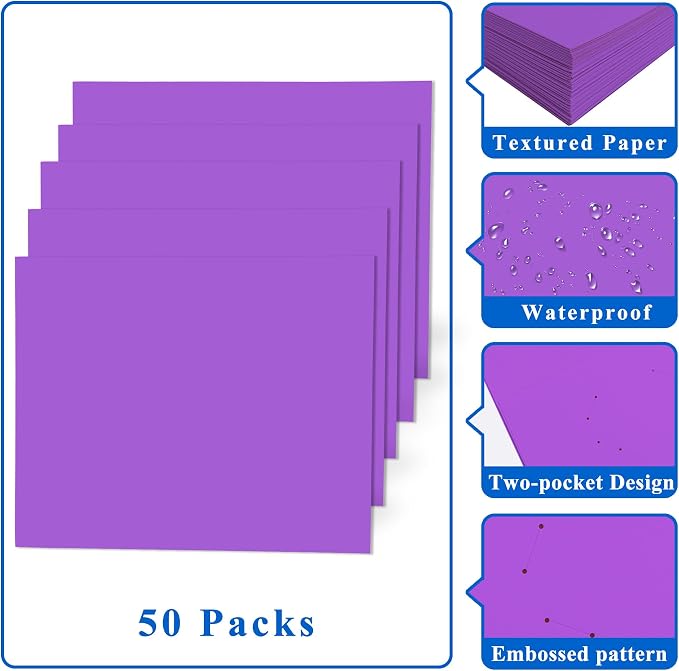 Zzrywuty 50 Packs Purple Paper Folders with Pockets for Students,Businessmen and Office Workers,Letter Size,Two Pocket Folders with Card Slot for Office,Business,School Supplies