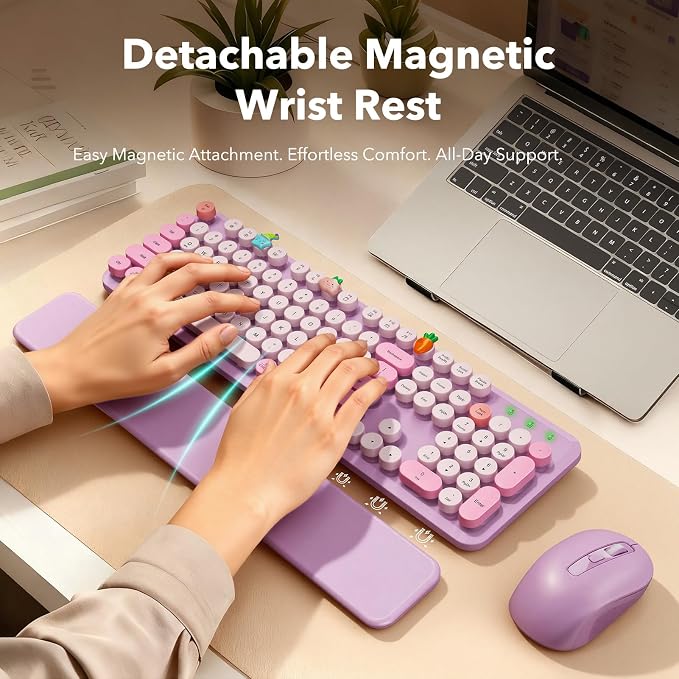 Wireless Keyboard and Mouse Combo, Round Keycaps, Full-Size Retro Typewriter Keyboard with Magnetic Wrist Rest, Tilt Legs, 2.4GHz Cordless Connection for Mac/Windows/PC, SABLUTE CK23, Lavender Purple | Full-Size Typewriter-Style Keyboard, Tilt Legs, 2....