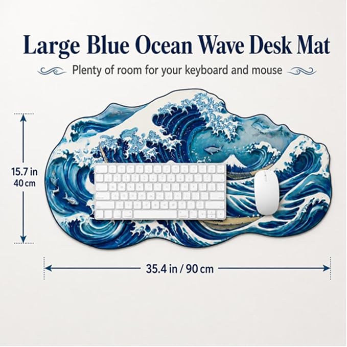 Large 3D Blue Ocean Wave Desk Mat Wave Surfing Gaming Mouse Pad Non Slip | Rubber Base Decorative Keyboard Mat Extended Desk Protector for Office, Home, Study and Workstation, 35.43 x 15.75 Inch