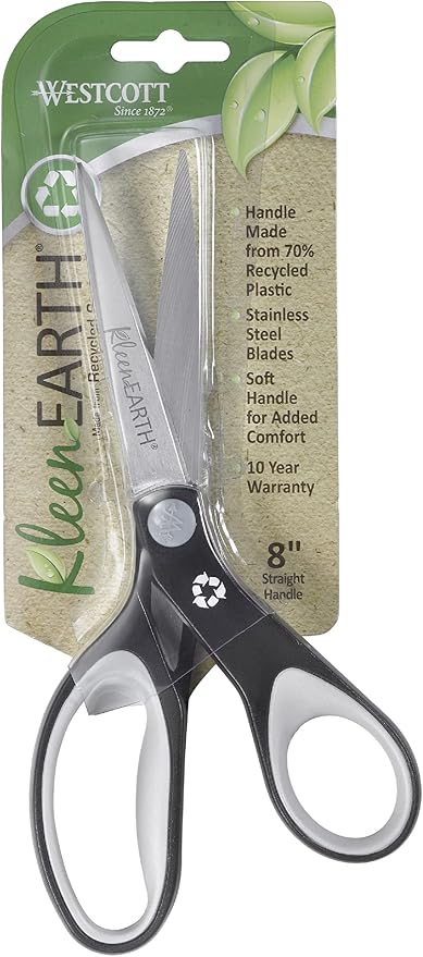 Westcott 8" KleenEarth Soft Handle Scissors, Black/Gray | 8 Inch Scissors with Recycled Handles, Durable Stainless Steel Blades & Soft Grips for Office & Home Use
