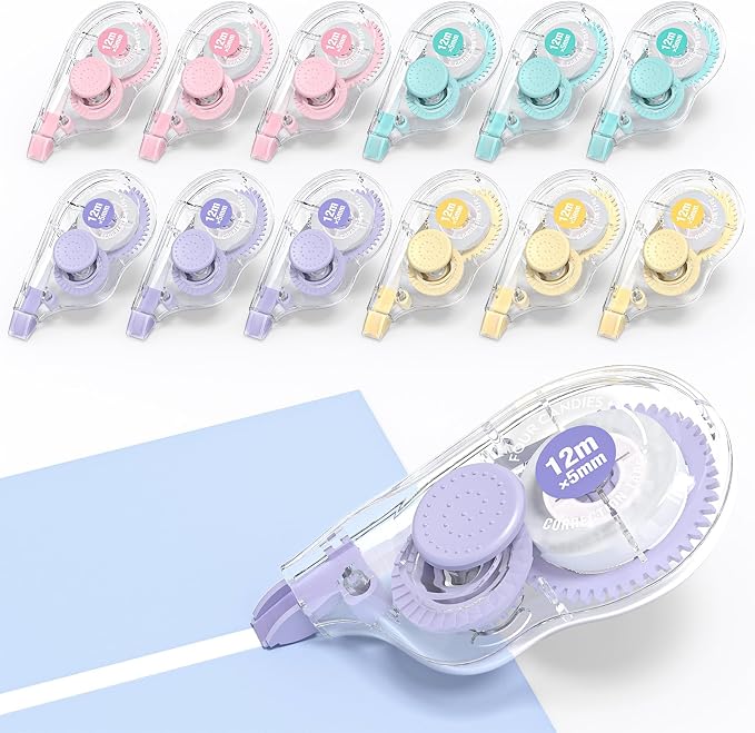 Four Candies White Correction Tape, 39.4 ft, 12 Pack Smooth Pull-Out Tape | Easy to Use Applicator for Instant Corrections, Tear-Resistant, Smooth & Quick-Drying Tape for Office & School Supplies