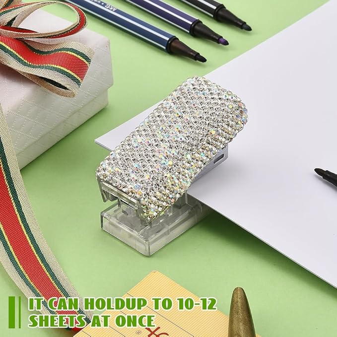 Bling Rhinestone Stapler, Sparkly Diamond Staplers, Cute Desk Stapler for Women & Girls, Bling Crystal Machine Pretty Office Stationery Kit (Clear with AB Color Plated, Small)
