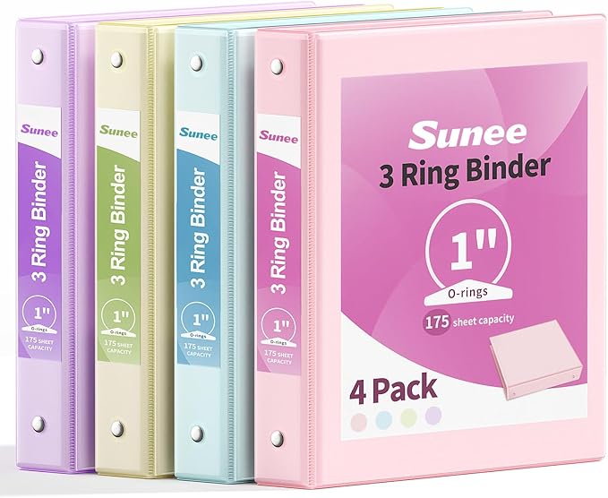 SUNEE 3 Ring Binder 1 Inch 4 Pack, Clear View 1" Binders Three Ring PVC-Free (Fit 8.5x11 Inches) for School or Office Supplies, Assorted Pastel