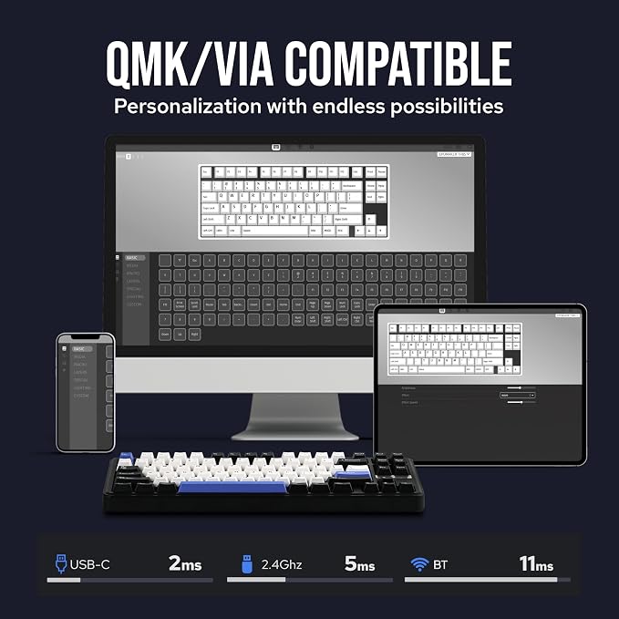 EPOMAKER TH85 QMK/VIA Wireless Gaming Keyboard, BT5.0/2.4GHz/USB-C | Hot-Swap Pre-lubed Custom Creamy Jade Linear Switches, Gasket Creamy Keyboard for PC/Mac/Office/Gaming (Black&White&Blue)