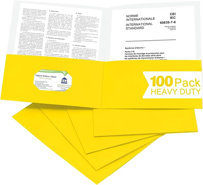 Zzrywuty 100 Packs Yellow Two Pocket File Folders with Business Card Slot,Textured Paper,Letter Size,Holds 100 Plus Sheets for School,Office,Business