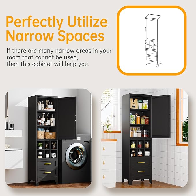 Ckzbx Tall Narrow Storage Cabinet, 66.93" H Tall Bathroom Cabinet Metal Pantry Cabinets with Hollowed-Out, 3 Adjustable Shelves, for Kitchen, Bathroom, Home Office, Living Room (Black)