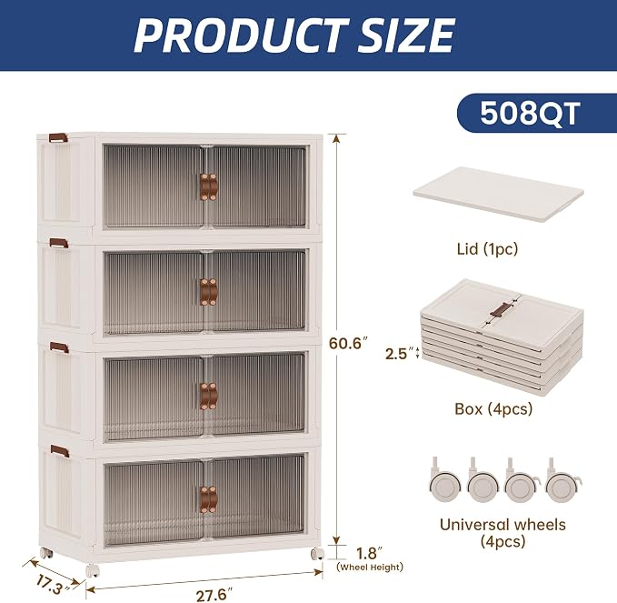 SAILUN 580Qt Stackable Storage Bins,Storage Cabinet a Lid,4Pack Blush White | Stackable Storage Drawers with Lids,28" W x 17" D x 61" H,Featuring open-front Access for Clothes and Closet Storage