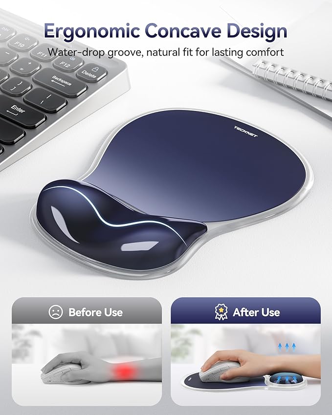TECKNET Gel Mousepad with Wrist Rest, Ergonomic Mouse Pad with Gel Wrist Support for Relieve Wrist Pain Comfortably - Non-Slip Base & Waterproof Surface for Office, Gaming, Study Comfort - Dark Blue