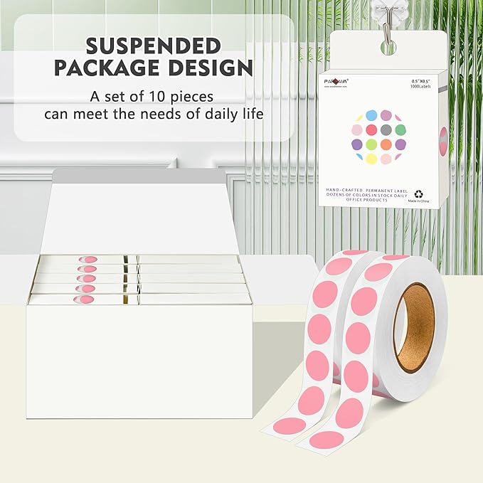 PARLAIM 1/2 Inch Diameter Dot Stickers, 10 Rolls 10000pcs Pink Self-Adhesive Color-Code Dot Stickers Permanent Adhesive Round Circle Labels for Office Classroom