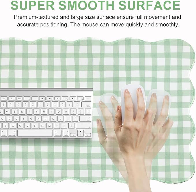 L-SPOUTTO Green Checkered Mouse Pad,Cottagecore Scalloped Desk Mat XXL Large Cute Pastel Gaming Mousepad,35.4x15.7in Non-Slip Keyboard Pad Waterproof Desktop Mat for Laptop Computer Game Home Office