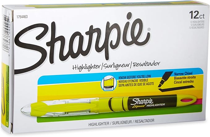 Sharpie Liquid Highlighters, Chisel Tip, Fluorescent Yellow, 12 Count