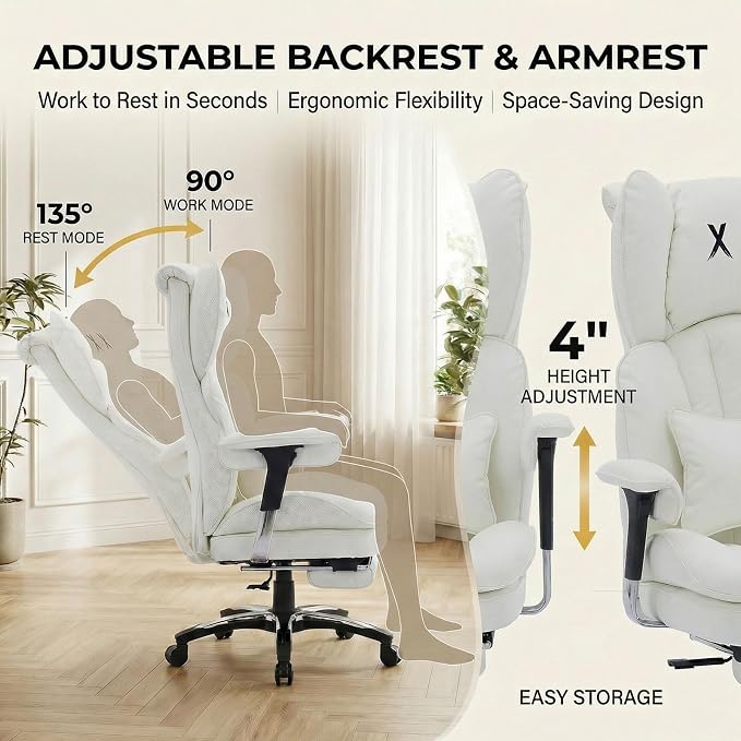 Efomao Big & Tall Desk Chair, Wide Executive Office Chair with Footrest White-L
