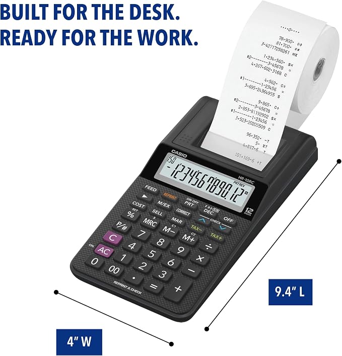Casio HR-10RC Mini Desktop Printing Calculator, Black | Portable, 12-digit display, one-color printer, tax & currency; ideal for bookkeeping