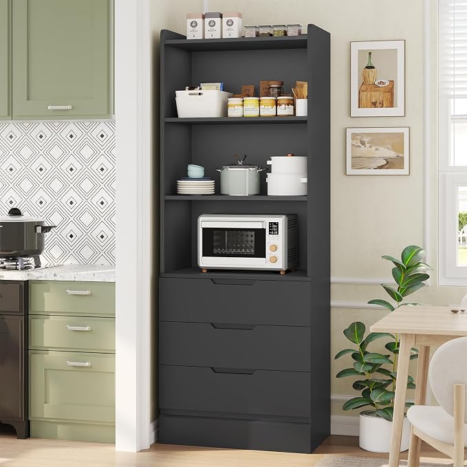 DICTAC Bookcase with 3 Drawers and Shelves 73.23'' Tall Bookshelf with Storage Modern Wood Closet Drawers System,Closet Organizer Unit Freestanding Tall Storage Cabinet for Home Office,Bathroom,Black