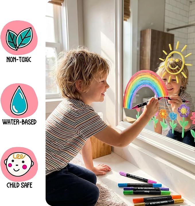 Chalkola Dual Tip Chalk Markers for Blackboard - (24 Colors, Dot + Brush Tip, No Pumping) | Erasable Liquid Chalk Markers for Chalkboard, Glass, Car Window, Mirror - Washable Water Based Ink Pen